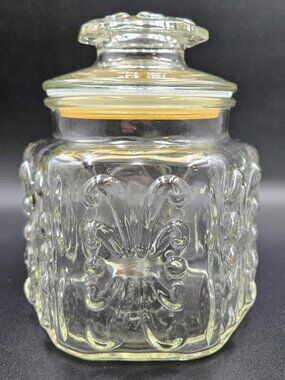 Vintage LE Smith Clear Glass Canister Atterbury Scroll Candy Cookie Jar Read
